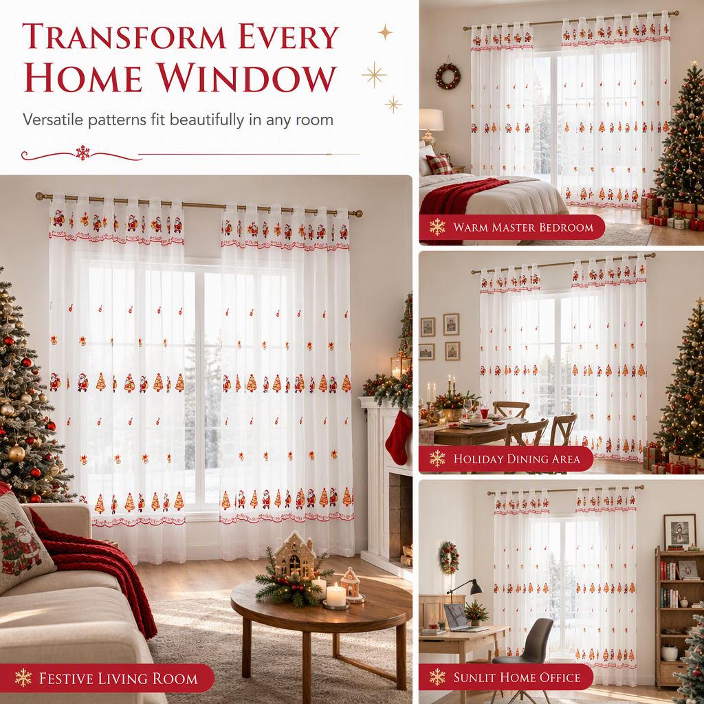 🎄❄️ Embroidered Christmas Sheer Curtain – Snowflake & Bell Window Decor for a Cozy Holiday Home
